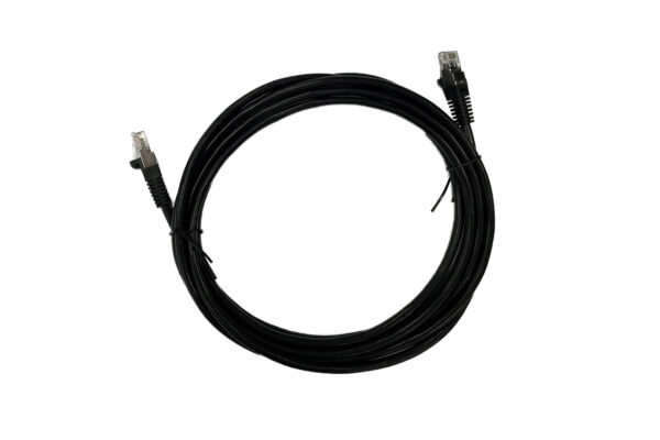 Black Ethernet cable coiled for connectivity networking.